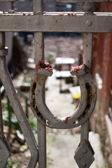 Rusty Horseshoe Hanging on a Metal Gate