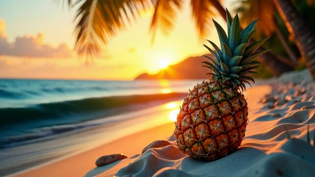 Tropical Pineapple on a Sandy Beach at Sunset with Ocean Waves