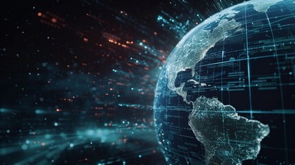 Animation of globe spinning and mathematical formulae information flowing on black background