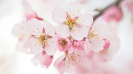Pink cherry blossoms blooming on a white background, high-definition, high-resolution shots, the surreal beauty of delicate petals and fresh green leaves, a serene and idyllic view of spring.