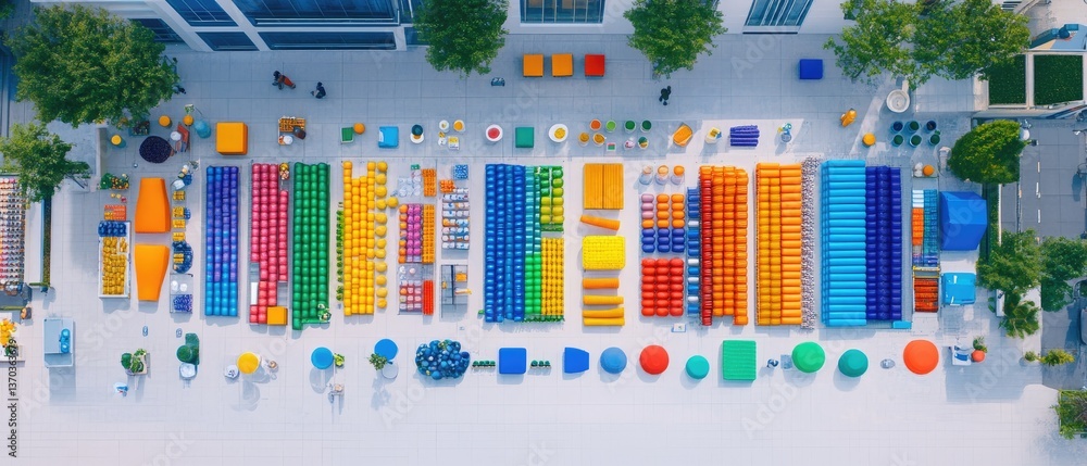Aufkleber aerial view of colorful blocks arranged on pavement next to buildings and trees on a bright day