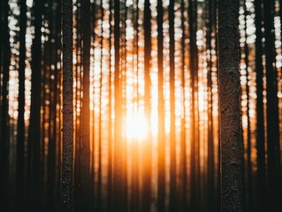 Golden Sunset Illuminating Tall Pine Forest Tranquil Nature Scene Serene Atmosphere Captured Viewpoint