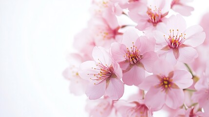Pink cherry blossoms blooming on a white background, high-definition, high-resolution shots, the surreal beauty of delicate petals and fresh green leaves, a serene and idyllic view of spring.