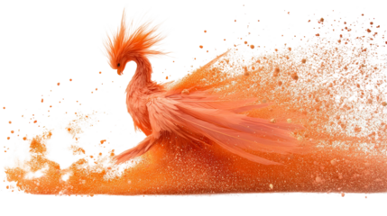 Majestic fiery bird emerging from vibrant orange dust, showcasing dynamic movement and exquisite feather details in a fantasy setting of breathtaking beauty