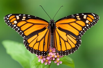Fototapeta premium Close-Up of Monarch Butterfly on Blooming Wildflower, Butterfly with Fully Spread Wings on Flower, Macro Photography of Monarch Butterfly, Nature Close-Up, Spring Floral Beauty