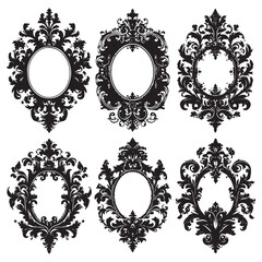 Gothic vintage frame set, vector royal baroque border, dark classic antique ornament, floral oval. Victorian elegant mirror, rococo magic ornate decoration with copy space.