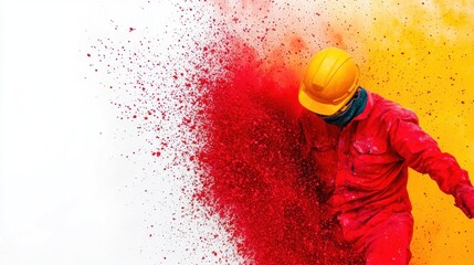 Worker in Safety Gear Creates Colorful Explosion of Paint Dust
