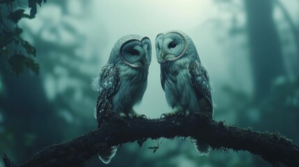 Two owls perched on a branch in a misty forest, serene and intimate