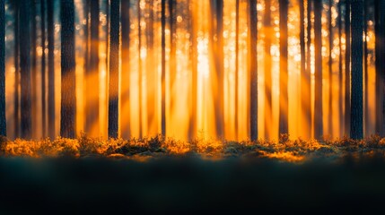 Naklejka premium Golden Hour Sunlight Streaming Through Forest Trees Nature Photography Tranquil Environment Warm Atmosphere