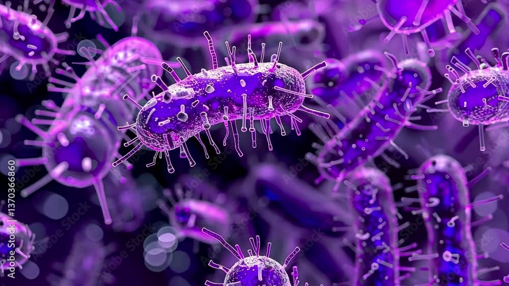 Poster a vivid microscopic view captures various purple bacteria in an aquatic setting, displaying their un