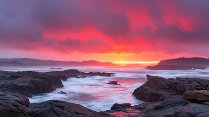 Obraz premium Stunning sunset over rocky seashore coastal landscape natural beauty dramatic skies peaceful atmosphere