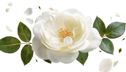 Falling white rose Isolated On PNG Transparent and White Background 
