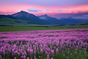 Sunset blooming fields of lupines rocky mountains nature photography scenic landscape panoramic view tranquil serenity