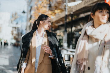 Fototapeta premium Two fashionable women are walking together in a lively urban environment, dressed in modern attire, with sunlight illuminating the scene, evoking a sense of confidence and sophistication.