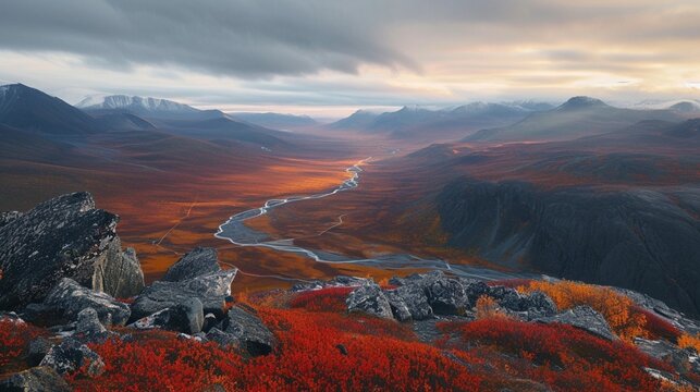 Beautiful wild arctic valley viewed from mountain top in epic early morning light. Remote Rapa river valley from the top of Skierfe in Sarek national park in Swedish Lapland. Autumn colors.