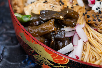 Chirashizushi- japanese scattered vegetables over sushi rice, vegan japanese. Served in traditional...