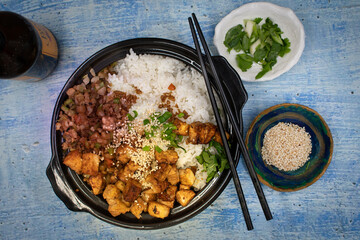 Vegan scattered tofu and vegetables on Japanese sushi rice