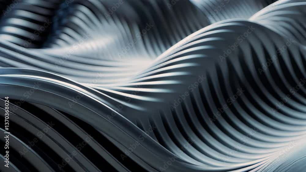 Poster softly lit, curved black metal waves flow in a minimalist abstract design, creating an illusion of d