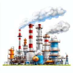 Pixel Art Style Oil Refinery with Intricate Piping and Towers Releasing Plumes Of Smoke