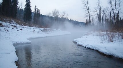 Tranquil winter scene frozen river nature photography snowy landscape serene viewpoint cold atmosphere
