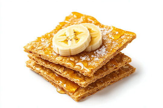 a stack of crackers with a banana on top