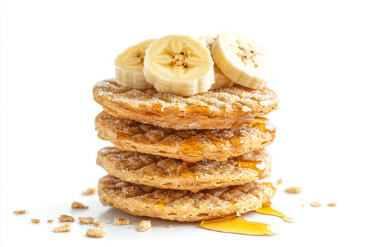 a stack of pancakes with bananas and syrup