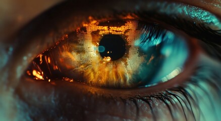 A close-up of an eye with a futuristic cyberpunk-style vision, showing detailed and advanced technology in the iris, with glowing digital data visualization