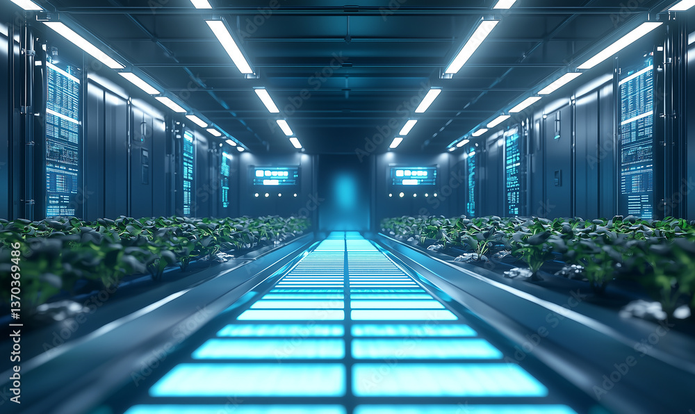 Poster futuristic interior featuring illuminated pathways and rows of greenery in a high-tech environment.