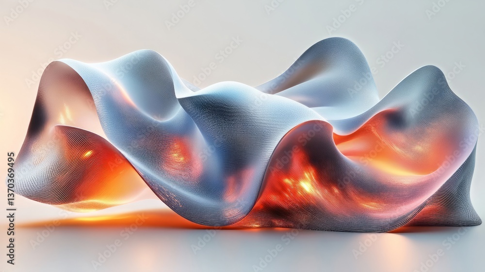 Poster a 3d holographic rendering of a wavy, organic abstract shape, with shimmering, metallic colors flowi
