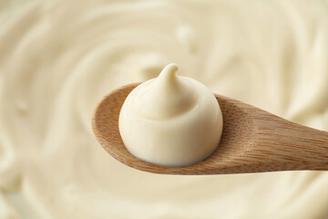 Spoon with delicious mayonnaise sauce, closeup view
