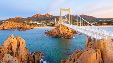 Scenic sunset bridge walk coastal rock formation landscape photography serene beach aerial view nature's beauty