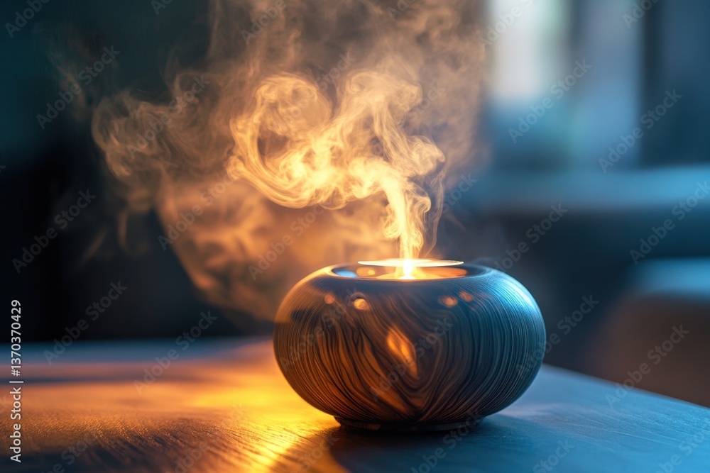 Poster relaxing aromatherapy essence diffusing in a wooden bowl with soft light at dusk