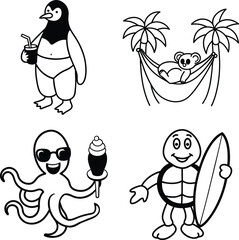 Funny cartoon character set with line art design animals in vector illustration