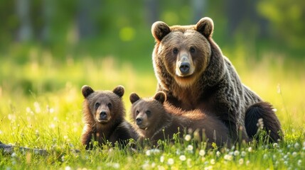 Fototapeta premium Brown bear ursus arctos mother with two cubs on green meadow with copy space. Wide panoramic banner of wild mammal with her lovely offsprings. Animal wildlife in summer nature.