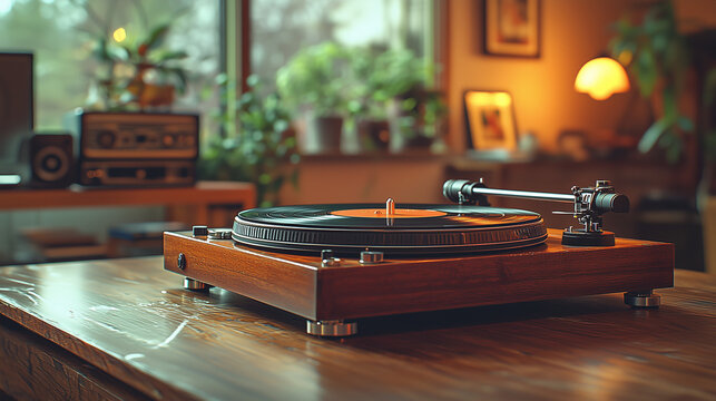 Illustration vintage d&eacute;taill&eacute;e d&rsquo;une platine vinyle en ambiance r&eacute;tro