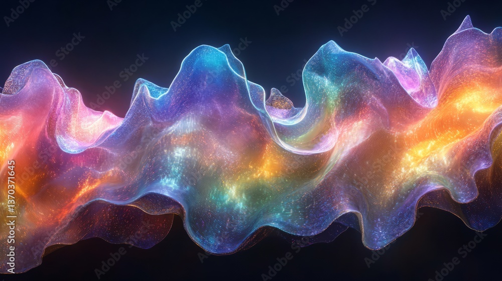 Poster futuristic holographic rendering of a wavy, abstract shape, glowing with iridescent colors that chan