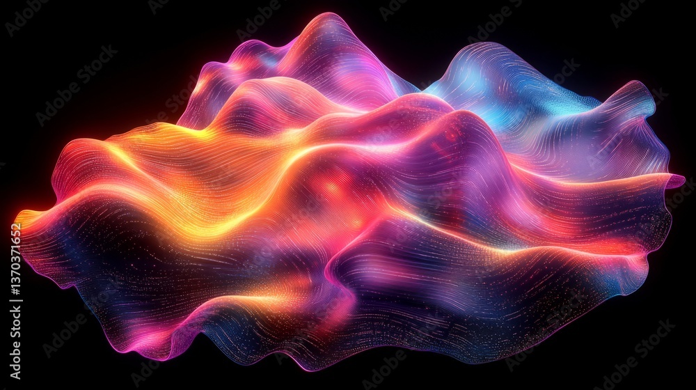 Poster futuristic holographic rendering of a wavy, abstract shape, glowing with iridescent colors that chan