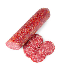 Delicious dry cured sausage isolated on white, top view