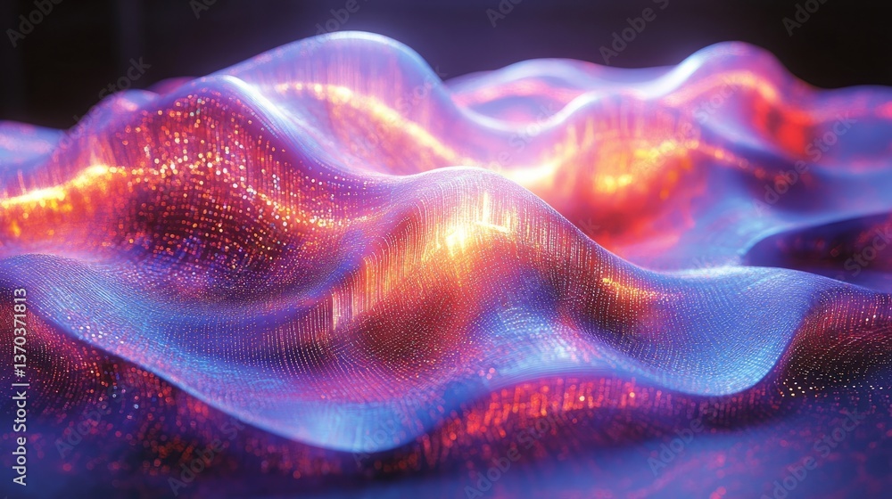 Poster futuristic holographic rendering of a wavy, abstract shape, glowing with iridescent colors that chan