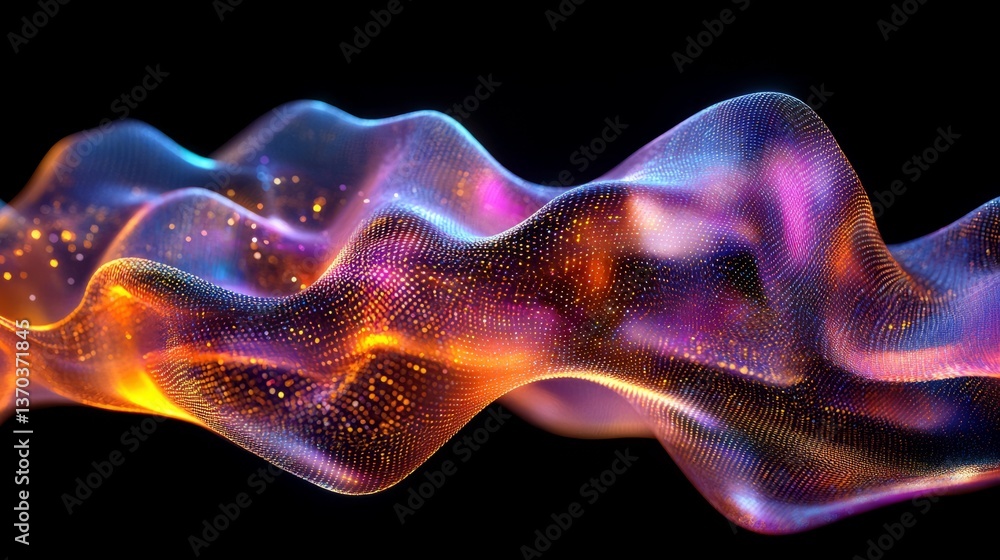 Poster futuristic holographic rendering of a wavy, abstract shape, glowing with iridescent colors that chan