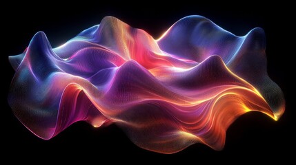Obraz premium Holographic 3D render of a wavy, abstract shape, with vibrant colors flowing and shifting in a mesmerizing pattern, set against a sleek, reflective background