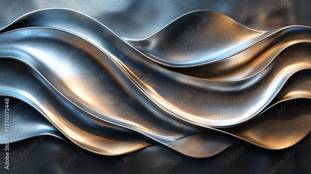 Poster holographic abstract art with undulating wavy shapes in shimmering metallic tones, reflecting light 