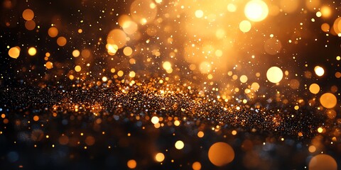 Golden Dust Glittering with Bokeh Lights on Dark Background Texture