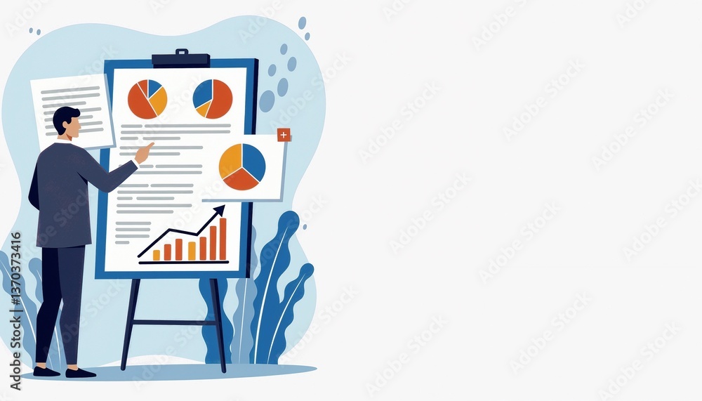 Aufkleber businessman analyzing data presentation with pie charts on white background copy space