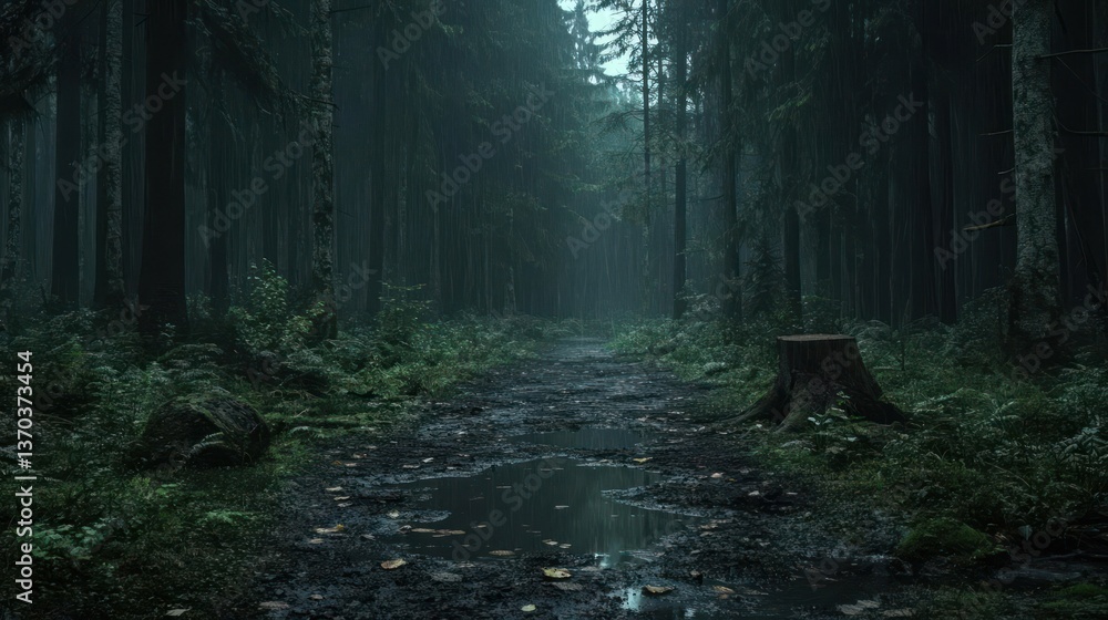 Fototapete dark forest path during rain with green vegetation and a tree stump atmospheric and moody scene