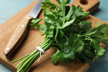 Fresh parsley, knife and cutting board on blue wooden table, closeup