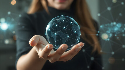 Metaverse Technology concepts. Woman hand holding global network connection. Internet communication, Wireless connection technology. Futuristic technology with polygonal shapes