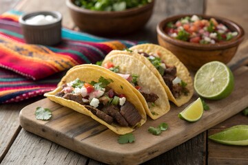 Mexican Tacos with Grilled Meat and Fresh Garnish on Wooden Board
