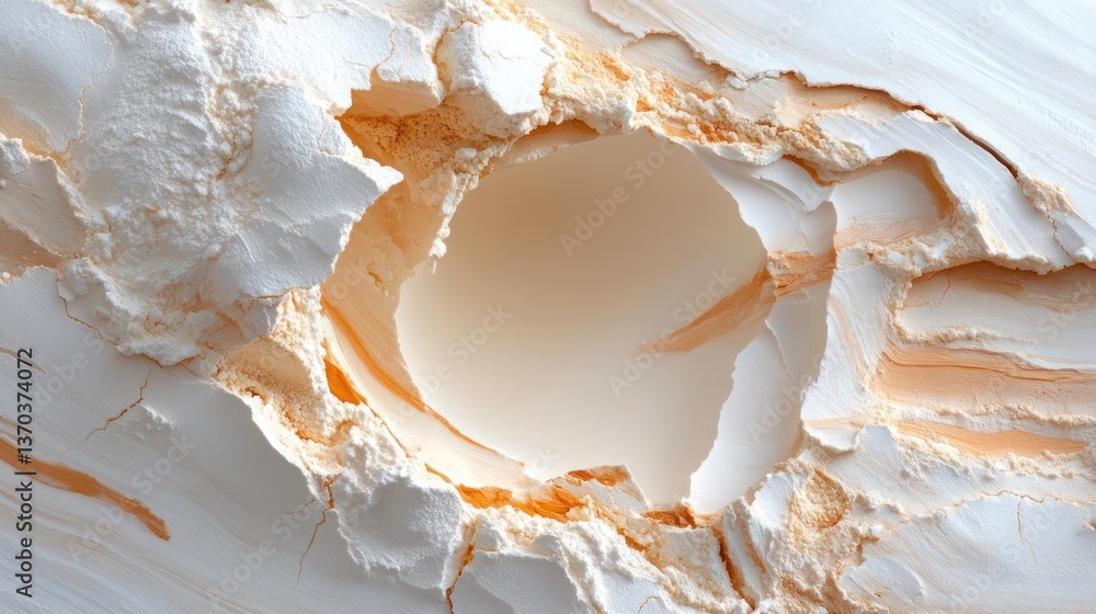 Poster Close Up View of Circular Hole in White Textured Material with Yellow and Orange Tones