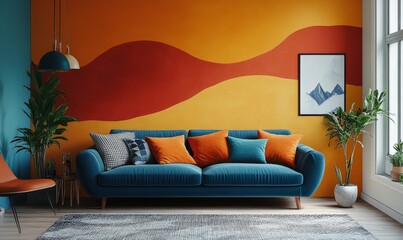 a beautifully decorated living room with a sofa and colorful walls, creating a vibrant and inviting atmosphere